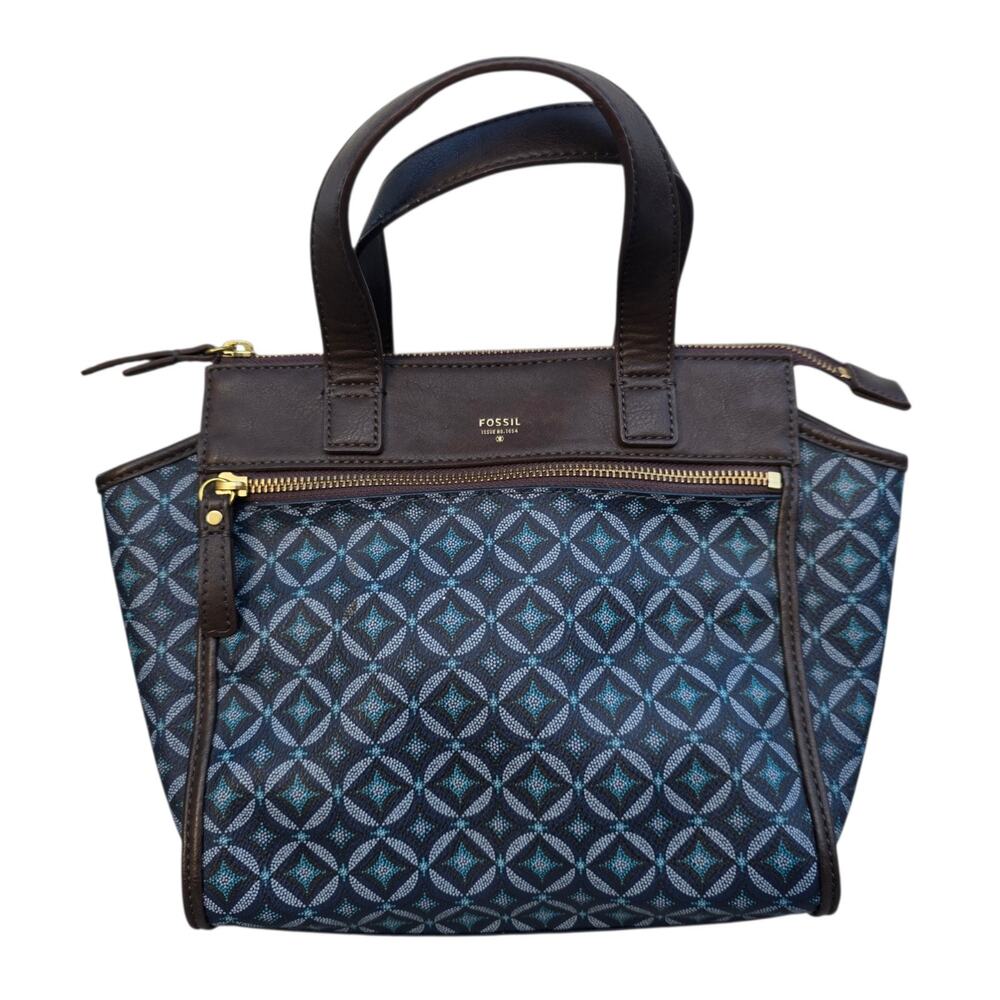 Fossil Tessa Signature Satchel Blue Brown Leather Trim Small Handbag Purse 8.5"